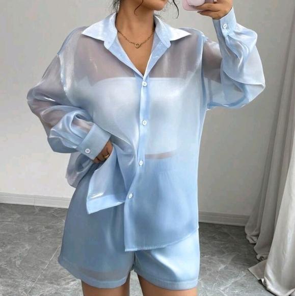 Tops - 2pcs Set Women Sheer Drop Shoulder Blouse Top And Elastic Waist Shorts